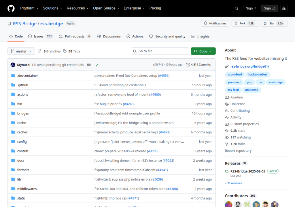 Projektsidan för RSS-Bridge