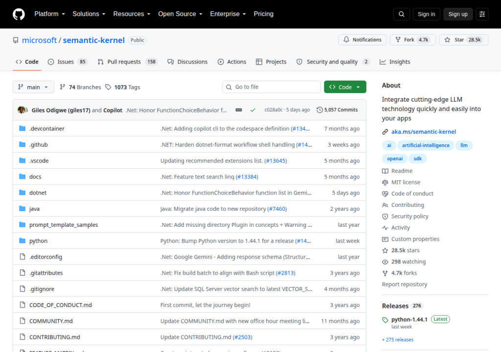 Projektsidan för Semantic Kernel