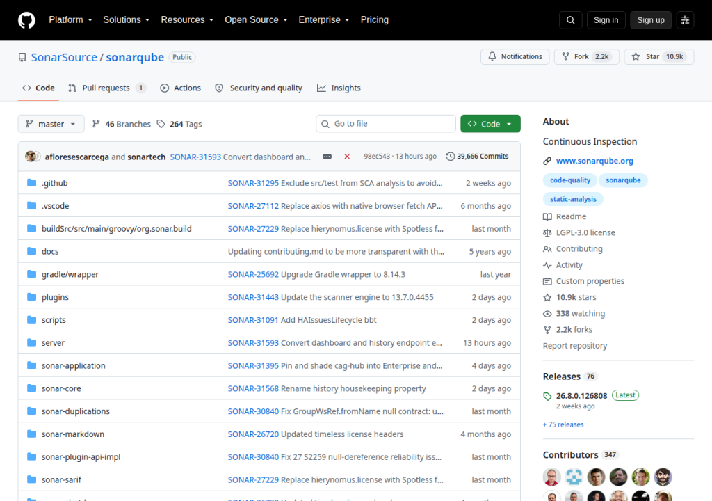 Projektsidan för SonarQube