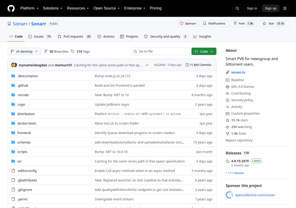 Projektsidan för Sonarr