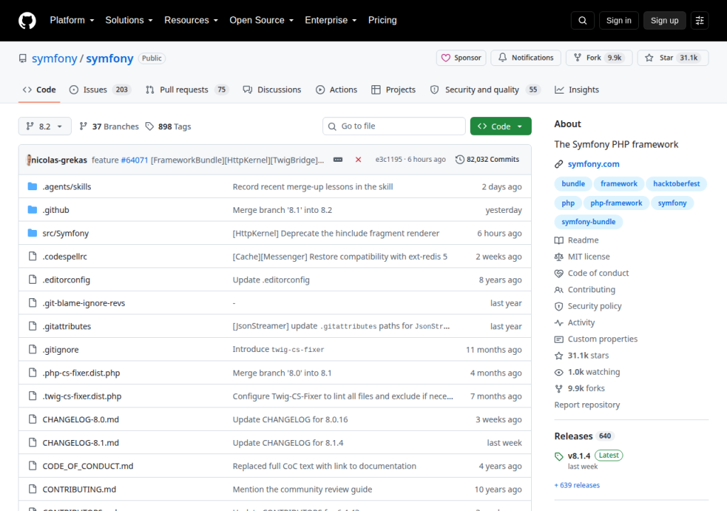 Projektsidan för Symfony
