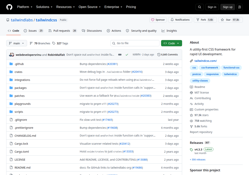 Projektsidan för Tailwind CSS