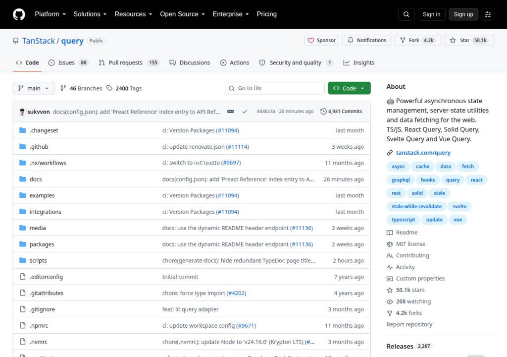 Projektsidan för TanStack Query