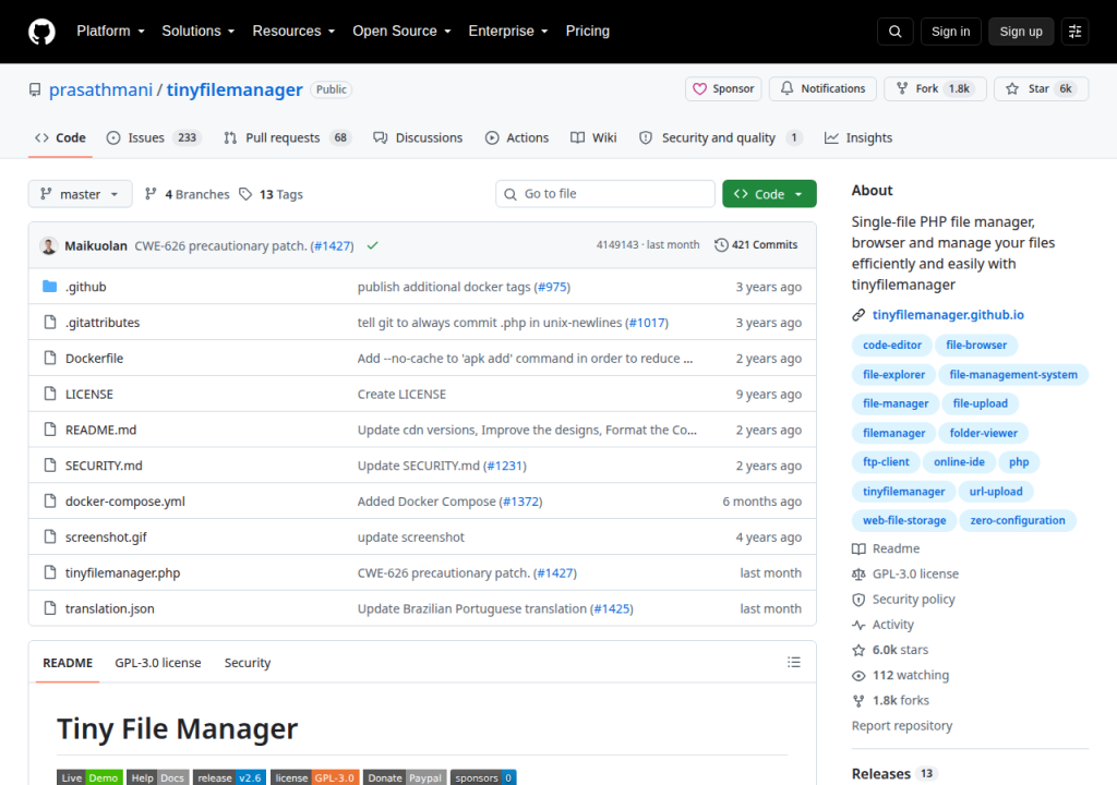 Projektsidan för Tiny File Manager