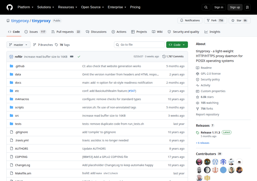 Projektsidan för Tinyproxy