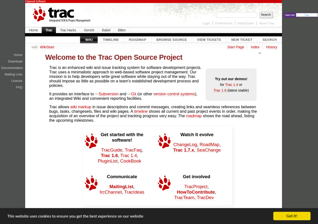 Projektsidan för Trac