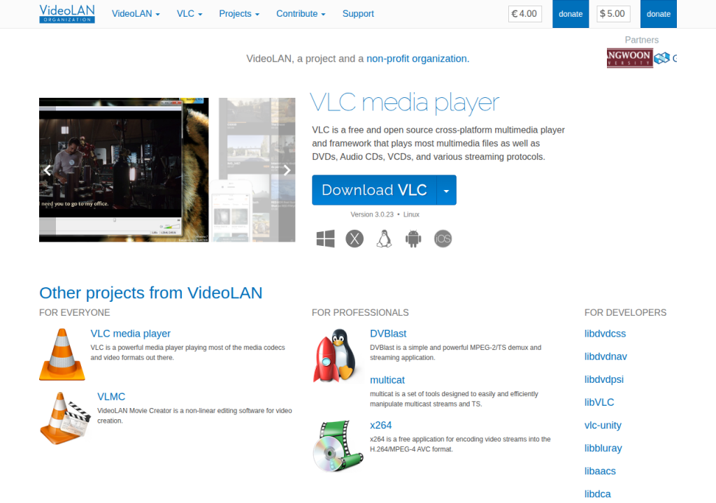 Projektsidan för VideoLAN Client (VLC)