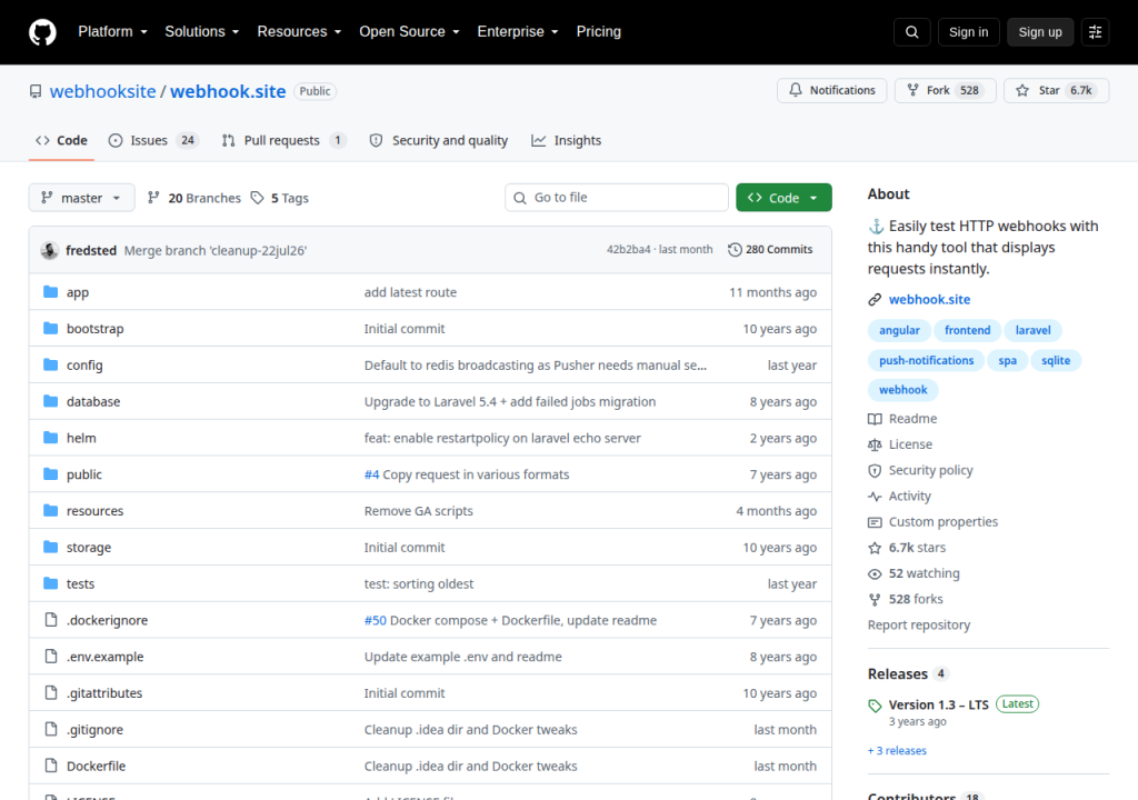 Projektsidan för Webhook.site
