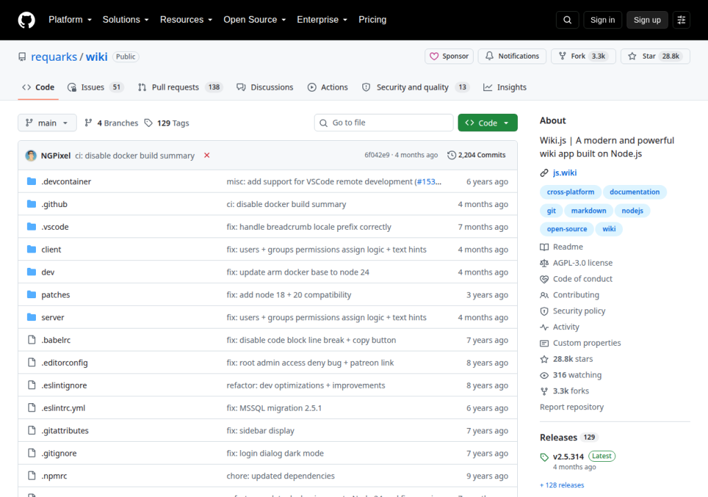 Projektsidan för Wiki.js