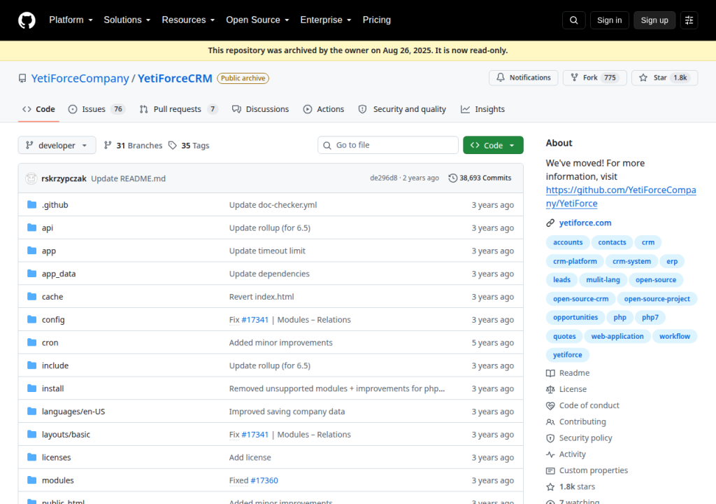 Projektsidan för YetiForce CRM