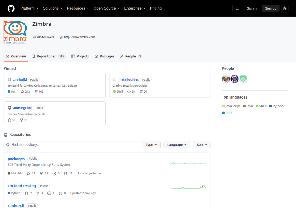 Projektsidan för Zimbra Collaboration